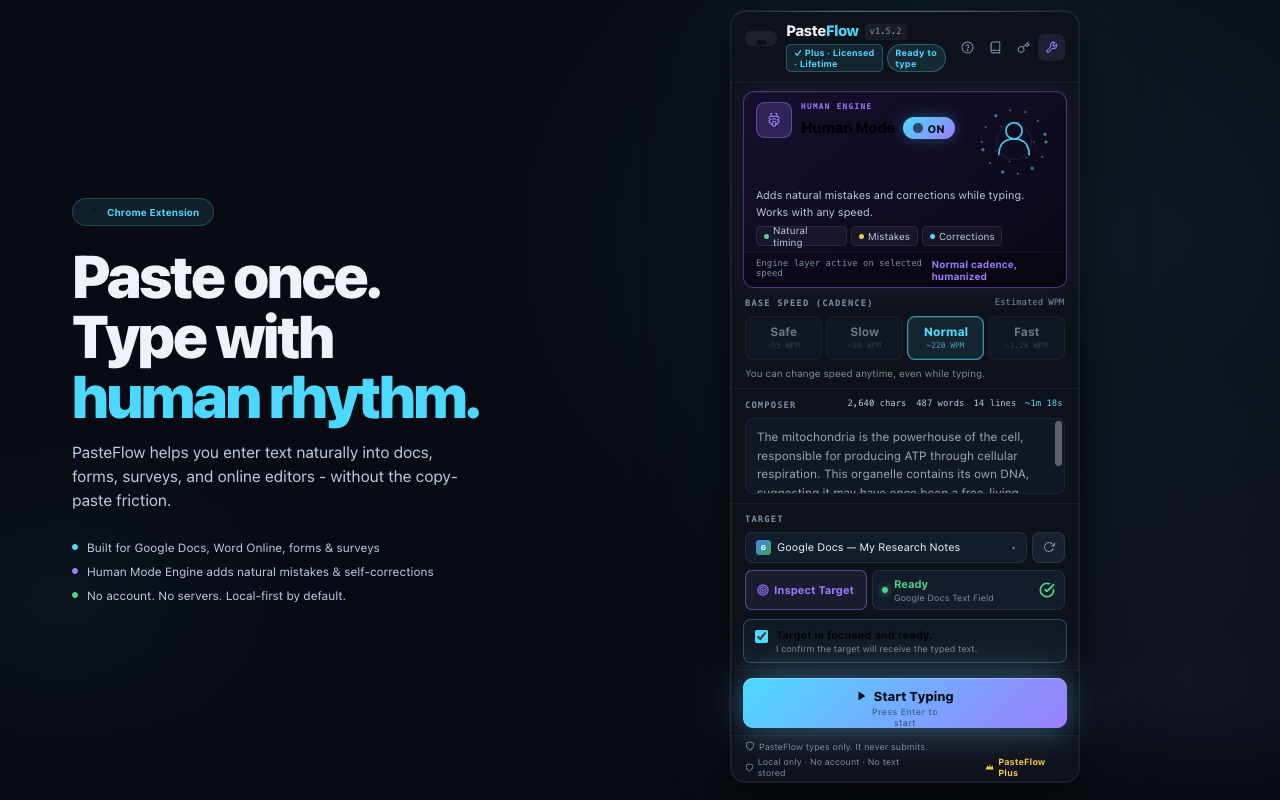 PasteFlow product interface showing human-rhythm typing for browser-based work